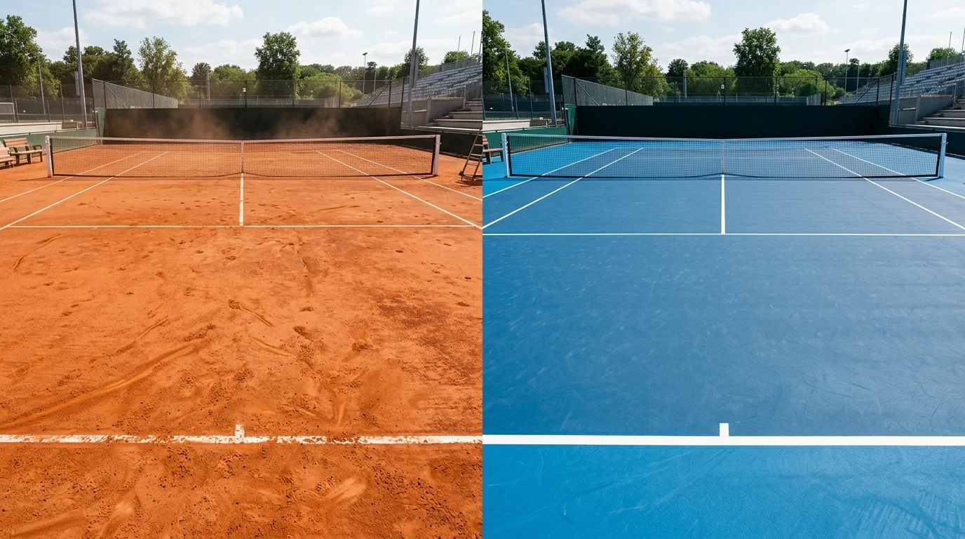 Pista de tenis de tierra batida y pista dura mostrando diferencias de superficie para apuestas